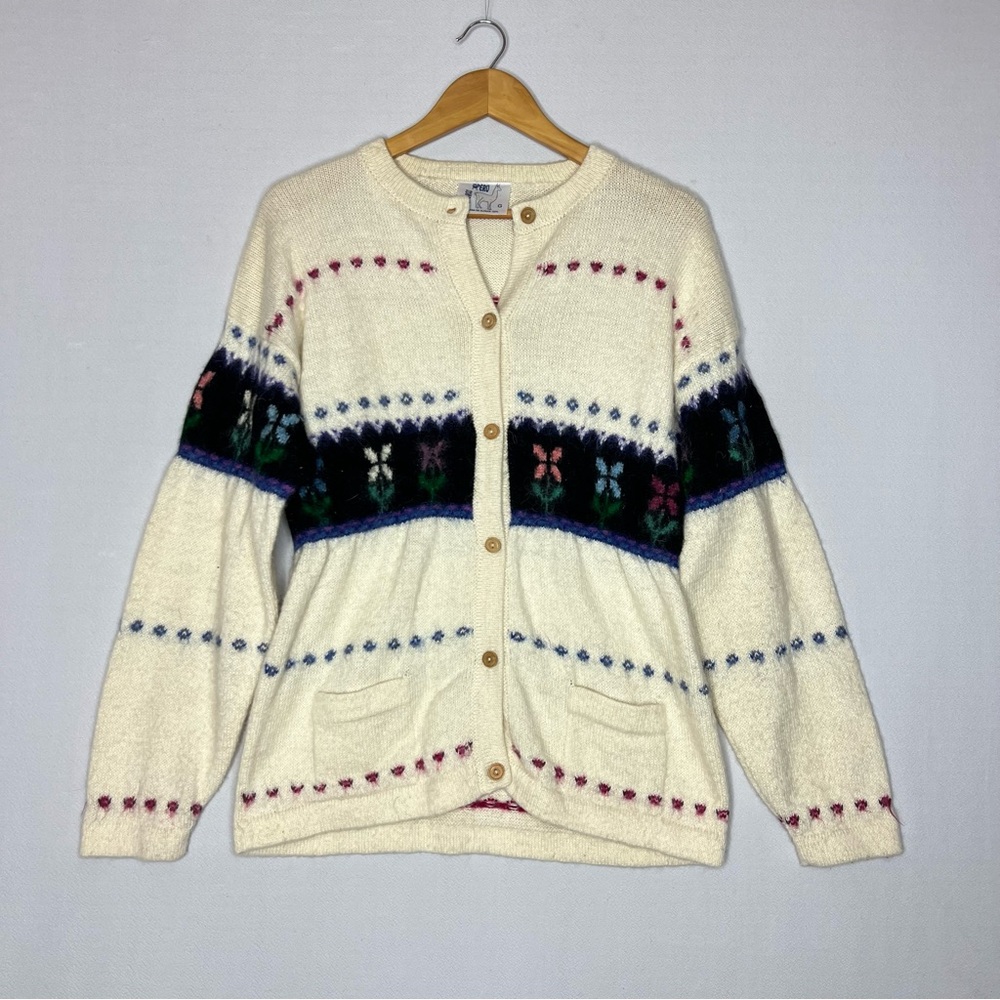 Vintage Alpaca Lana De Alpaca Button Up Floral Peru Sweater Cardigan  Size G